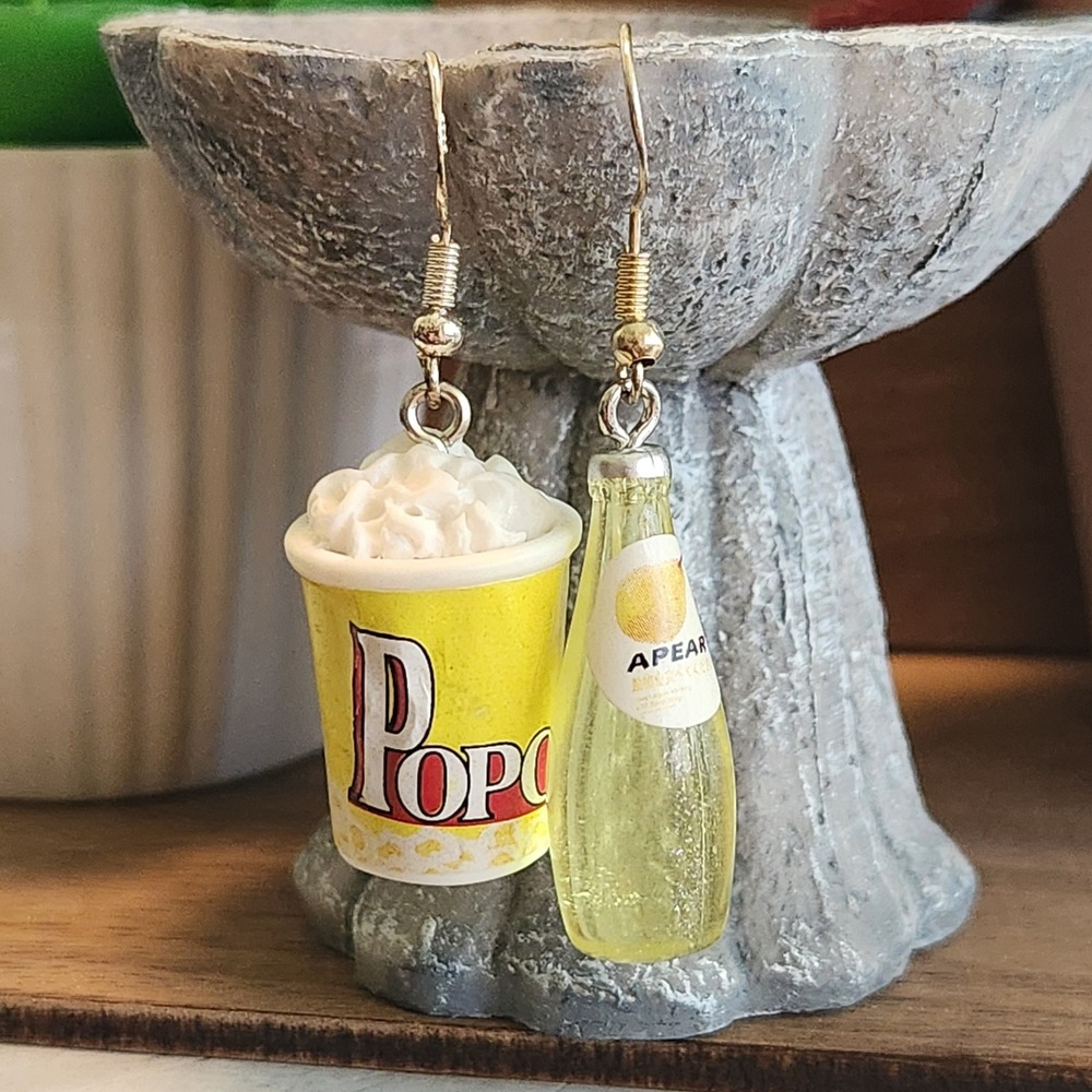 Handmade Novelty Earrings Popcorn and Pear Juice Bottle Fun Food Dangle Earrings